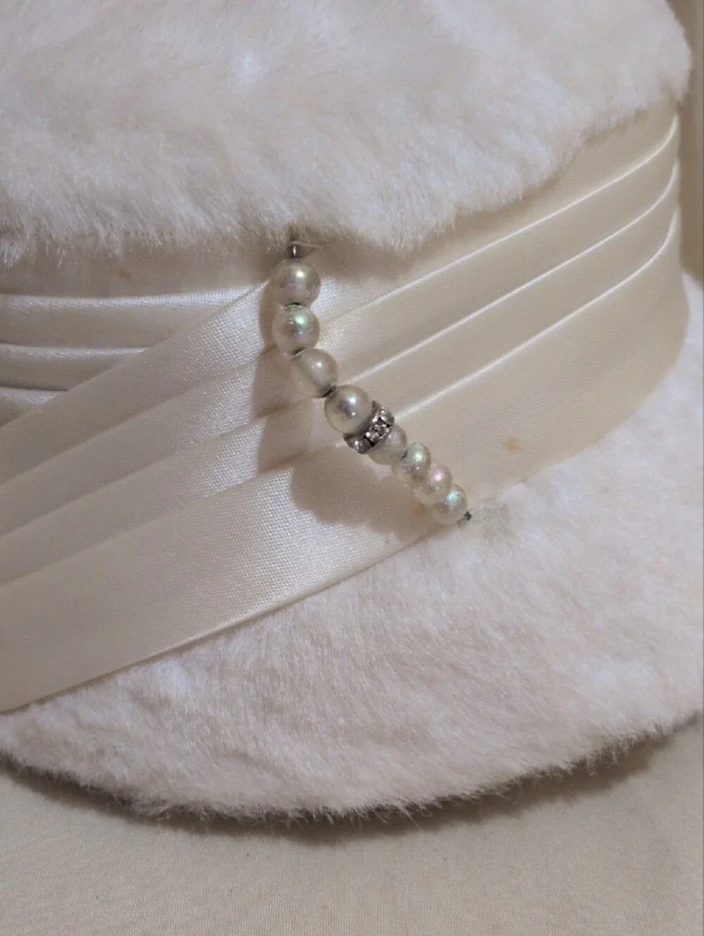 Vintage Cream Plush Bucket Hat with Satin Band and Pearl Detail